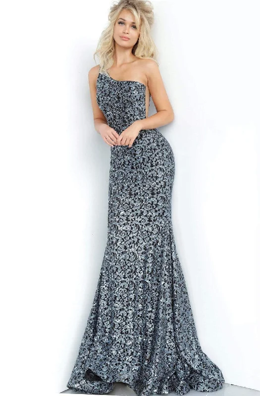 open-back prom dressesJovani - 3927 Lace One Shoulder Modest Prom Trumpet Dress