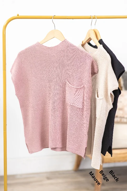 women's tops for glamorous eveningsShort Sleeve Sweater Knit Top With Pocket