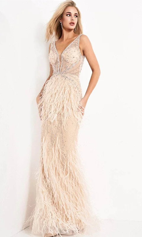 luxury prom dressesJovani 03023SC - Feather Detailed V-Neck Prom Gown