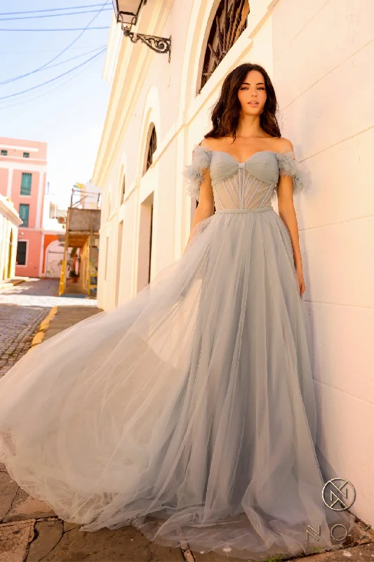 Formal Dress for Semi-Formal EventsRuffled Off Shoulder A-line Tulle Gown by Nox Anabel Y1474