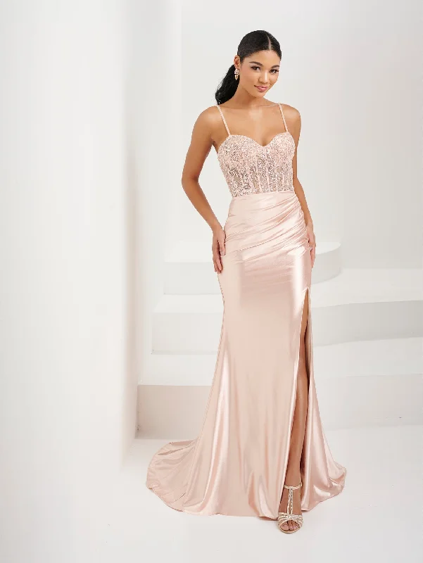 Formal Dress for Indoor WeddingsFitted Beaded Sheer Corset Slit Gown by Tiffany Designs 16078