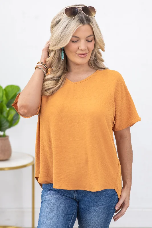 lace women's topsOrange V-Neck Airflow Woven Top