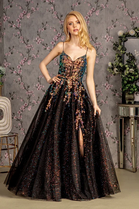 Formal Dress for Art GalleriesEmbroidered Sleeveless Glitter Slit Gown by GLS Gloria GL3218