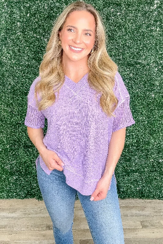 women's tops with sheer overlaysLavender Exposed Stitch Knit Top