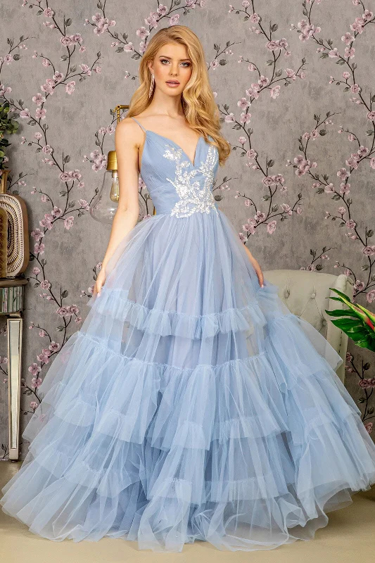 Formal Dress for Summer WeddingsBeaded Sleeveless Tiered Ruffled Gown by GLS Gloria GL3452