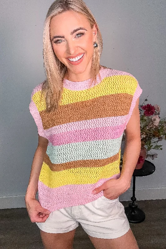 women's tops for those who want to add a personal touch to their wardrobe with unique and one-of-a-kind piecesPink Crochet Multi Stripe Knit Sweater Top