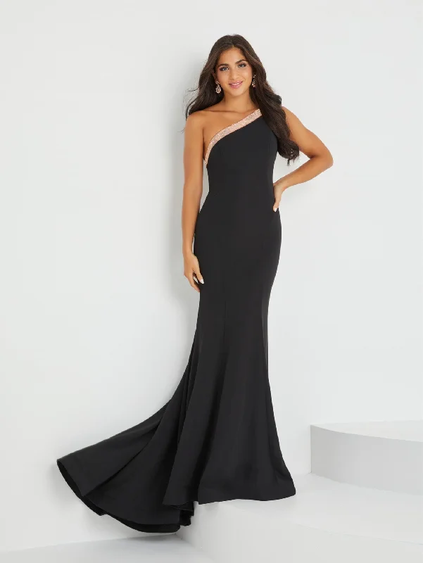 Formal Dress for Cocktail PartiesFitted Crepe One Shoulder Gown by Tiffany Designs 16029