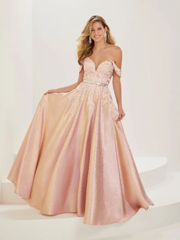 Formal Dress for Horse RacesApplique Off Shoulder Shimmer Gown by Tiffany Designs 16936