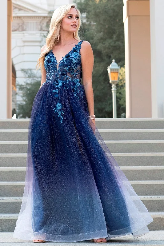 Formal Dress for Winter Formal EventsFloral Embroidered Glitter Ombre Gown by Amelia Couture 5015