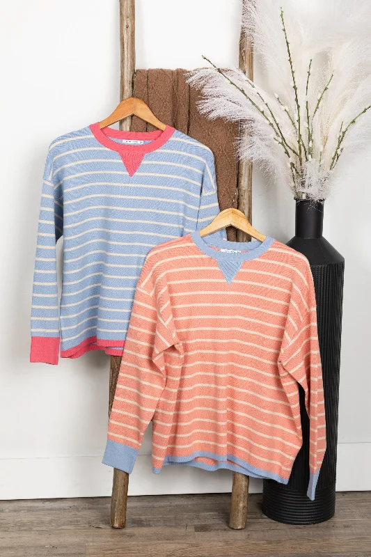 women's tops made from cottonOversized Striped Color Contrast Crew Neck Top