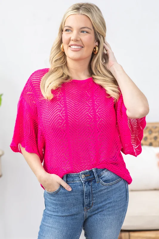 women's tops with bell sleevesHot Pink Pointelle Scallop Knit Top