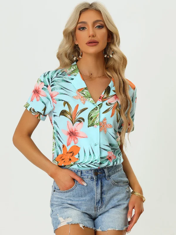 women's tops for those who want to show off their figure in a flattering wayHawaiian Tropical Leaves Floral Short Sleeve Button Down Shirt