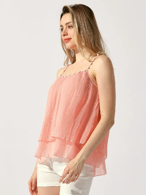 women's tops for those who appreciate subtle and muted tonesDouble-Layer Pleated Ruffle Casual Spaghetti Strap Top