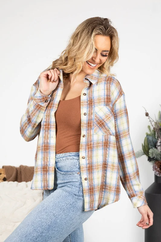 satin women's topsCamel And Blue Plaid Button Up Woven Top