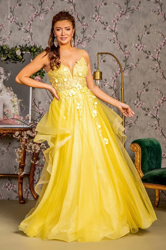 Formal Dress for Formal Dances3D Floral Sleeveless Ruffled A-line Gown by GLS Gloria GL3356