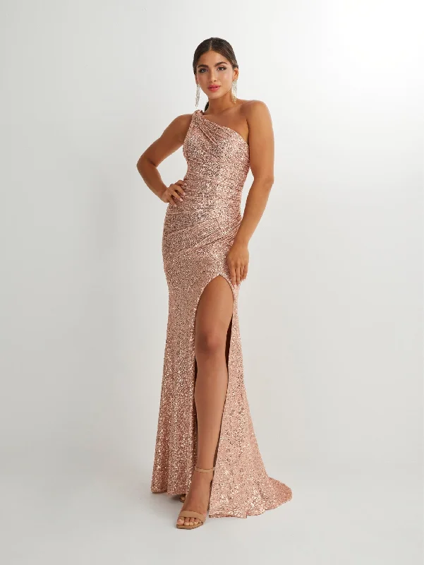 Formal Dress for Runway ShowsFitted Sequin One Shoulder Slit Gown by Studio 17 12906