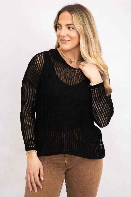 women's tops for wedding guest attireBlack Lightweight Crochet Hoodie Tunic Top