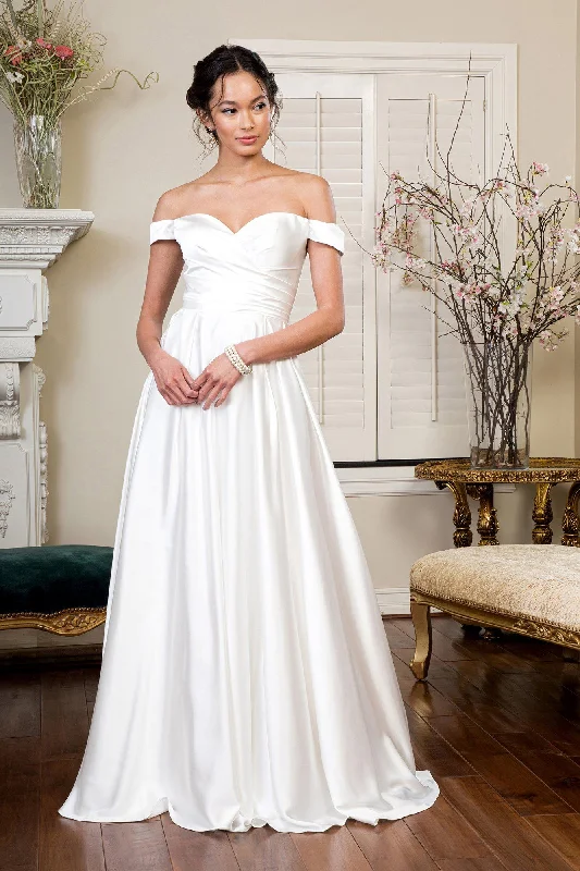 Formal Dress for Indoor WeddingsIvory Off Shoulder Satin Gown by Elizabeth K GL1908