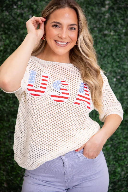 women's tops for those who want to wear pieces that are both functional and fashionableIvory Pointelle American Flag USA Knit Top