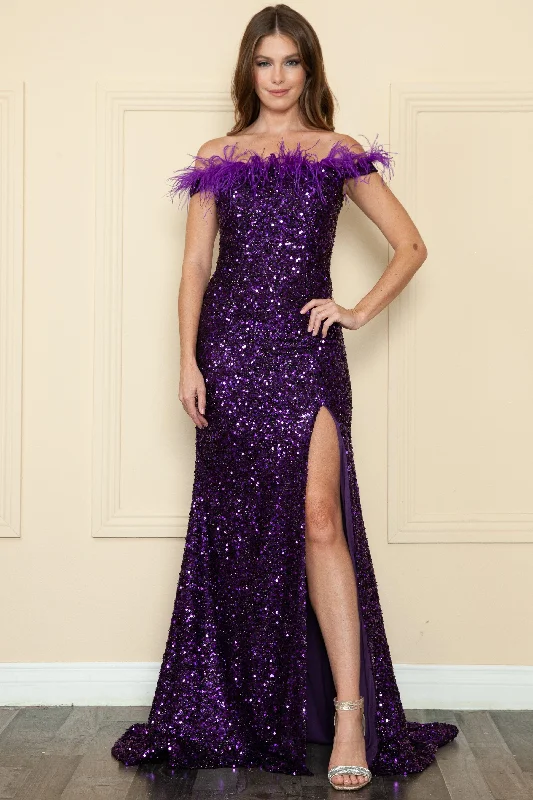 Formal Dress for QuinceañerasFitted Off Shoulder Sequin Feather Gown by Poly USA 8980