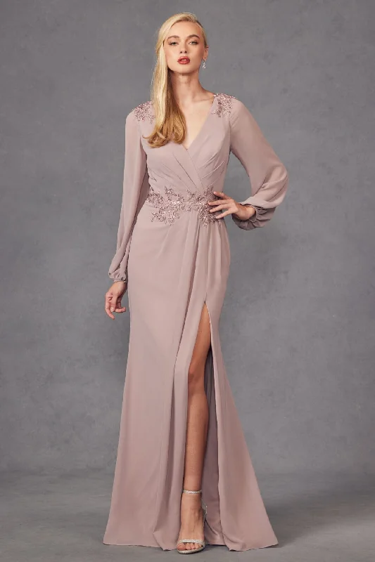 Formal Dress for Grammy AwardsEmbroidered Long Sleeve A-line Slit Gown by Juliet JTM16A