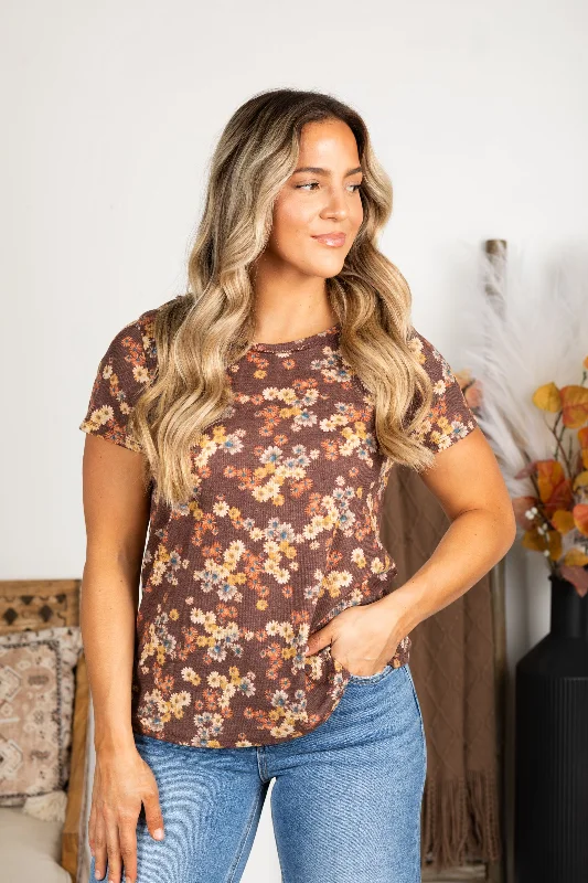 women's tops for smart casual looksBrown Fall Floral Short Sleeve Knit Top