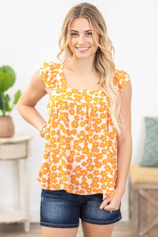 women's tops for those who want to create stylish and put-together outfits without spending a fortuneOrange Floral Square Neckline Woven Top