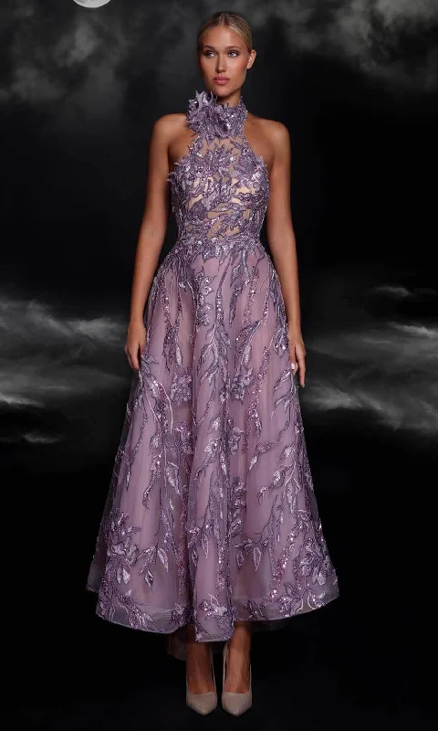 dark prom dressesMNM Couture K4104 - Lace Appliqued A-Line Prom Gown