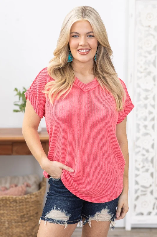 women's tops for those who want to add a personal touch to their wardrobe with unique and one-of-a-kind piecesRaspberry Ribbed V-Neck Knit Top