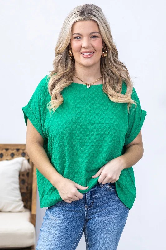 women's tops for those who want to add a touch of elegance and sophistication to their everyday wearGreen Textured Cuffed Short Sleeve Knit Top