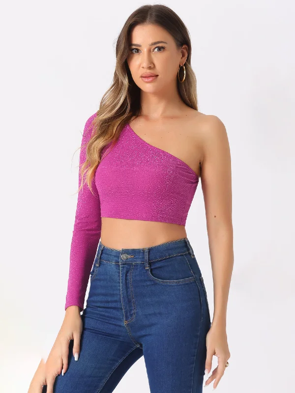 women's tops for those who want to create outfits that are both trendy and timelessGlitter Crop Top Metallic Club Slim Fitted One Shoulder T-Shirt