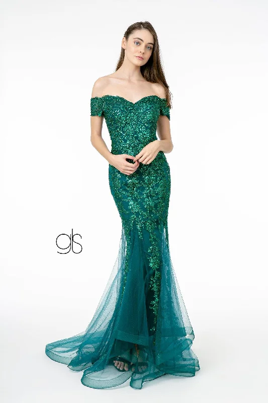 Formal Dress for Theater OpeningsGlitter Print Mermaid Gown with Cutout Back by Elizabeth K GL1823