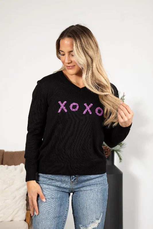 women's tops for layeringBlack With Purple XO Glitter Knit Sweater Top