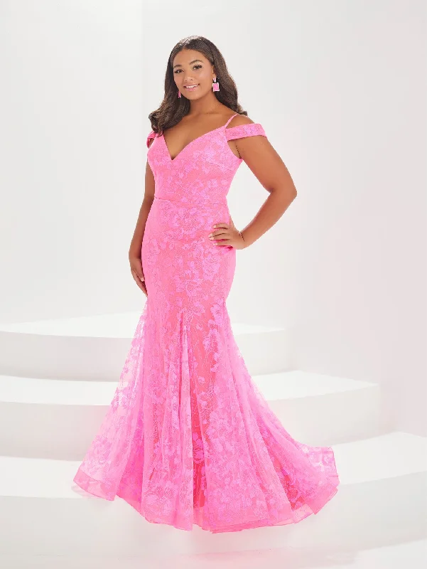 Formal Dress Shopping GuidesPlus Size Glitter Cold Shoulder Gown by Tiffany Designs 16039