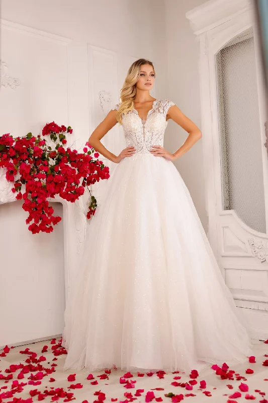 Formal Dress for Indoor WeddingsApplique Cap Sleeve Bridal Gown by Abby Lane 97134