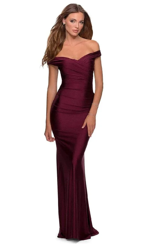 classic prom dressesLa Femme - 28450 Off-Shoulder Ruched Jersey Simple Prom Sheath Dress