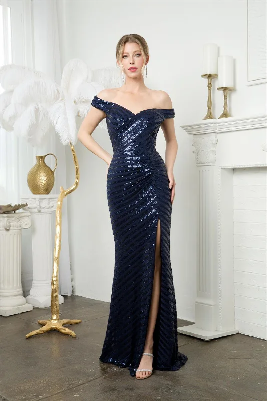 Formal Dress for Large WeddingsFitted Linear Sequin Off Shoulder Slit Gown by Juno M1005