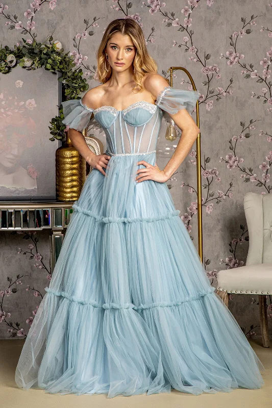 Formal Dress for Masquerade BallsOff Shoulder Sheer Corset Tiered Gown by GLS Gloria GL3453