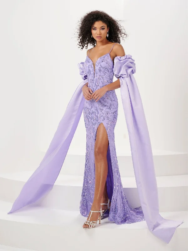 Formal Dress for Winter WeddingsFitted Sequin Print Puff Sleeve Slit Gown by Panoply 14155