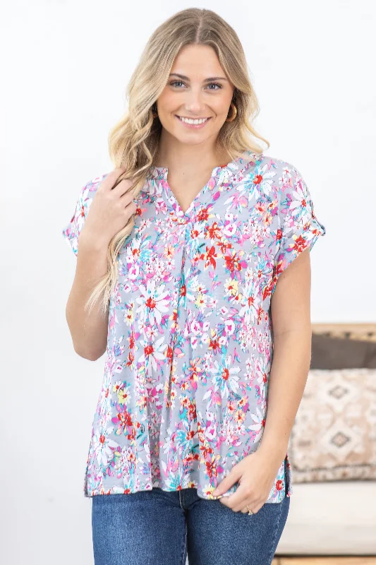 breathable women's tops for summerGrey Floral Print Wrinkle Free Lizzy Top