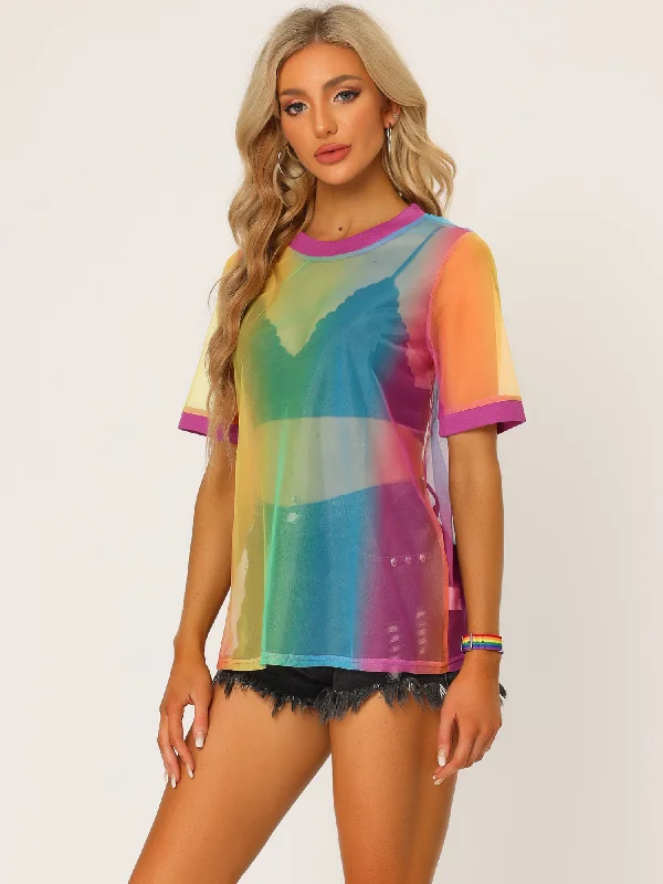 women's tops for those who love to mix and match prints and patternsMesh See Through Short Sleeve Cover Up Sheer T-Shirt