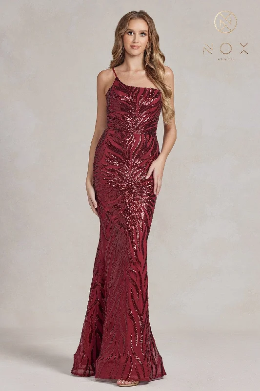 Formal Dress for Humanitarian AwardsSequin Print One Shoulder Gown by Nox Anabel R1204