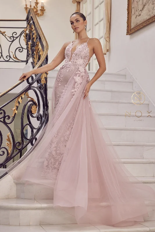 Formal Dress for Destination WeddingsLace Applique Fitted Overskirt Gown by Nox Anabel F485