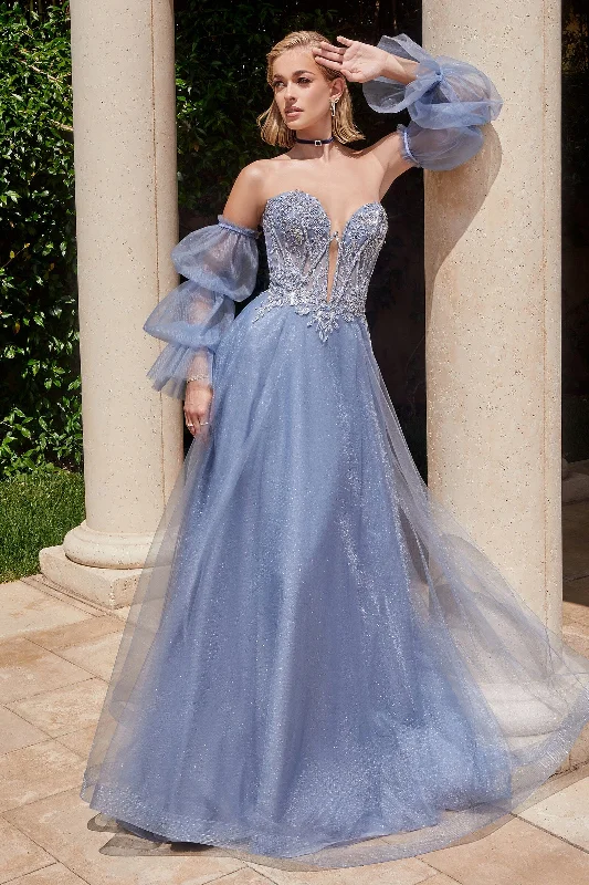 Formal Dress for Eco-Friendly ThemesBeaded Strapless Puff Sleeve Tulle Gown by Ladivine CD830