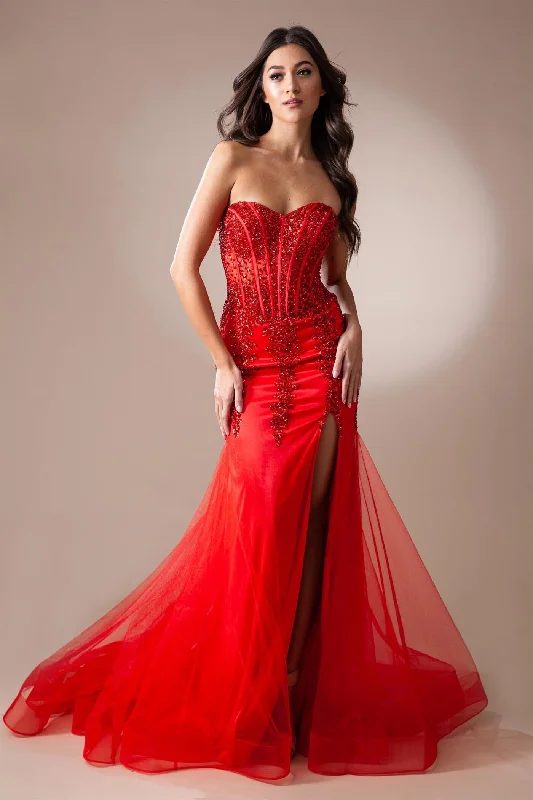 Formal Dress Shops in New YorkFitted Beaded Strapless Slit Gown by Amelia Couture 7051