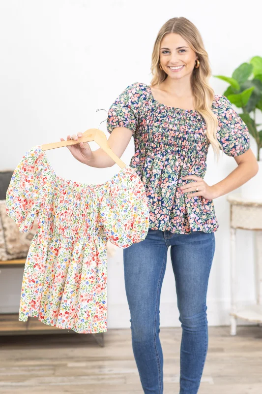 women's tops with cinched waistsFloral Print Peplum Woven Top