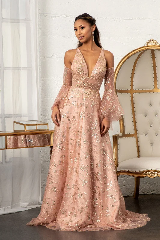 Formal Dress for Academic AwardsGlitter Print V-Neck Gown by Elizabeth K GL3002