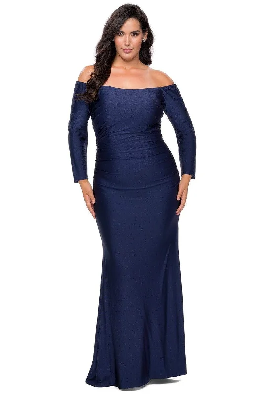 ball gown prom dressesLa Femme - 28881 Off-Shoulder Long Sleeves Plus Size Prom Dress