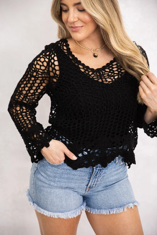 women's tops for summer festivalsBlack V-Neck Crochet Knit Top