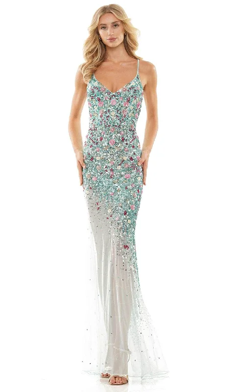 thigh-high slit prom dressesColors Dress K137 - Floral Embellished V-Neck Prom Dress